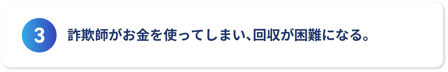 詐欺師がお金を使ってしまい、回収が困難になる。